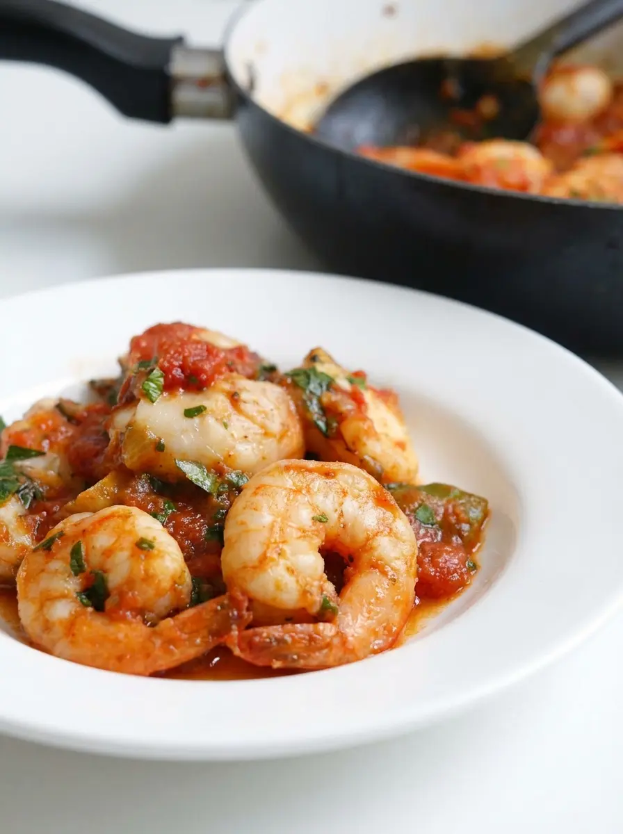 An inviting overhead shot (3:4 ratio) of fresh, uncooked large shrimp (peeled and deveined), alongside a bowl of minced garlic, diced yellow onion, a can of crushed tomatoes, and a bunch of fresh parsley on a wooden cutting board. All are arranged neatly on a light marble countertop, bathed in natural morning light from an east window, with soft shadows and warm tones.