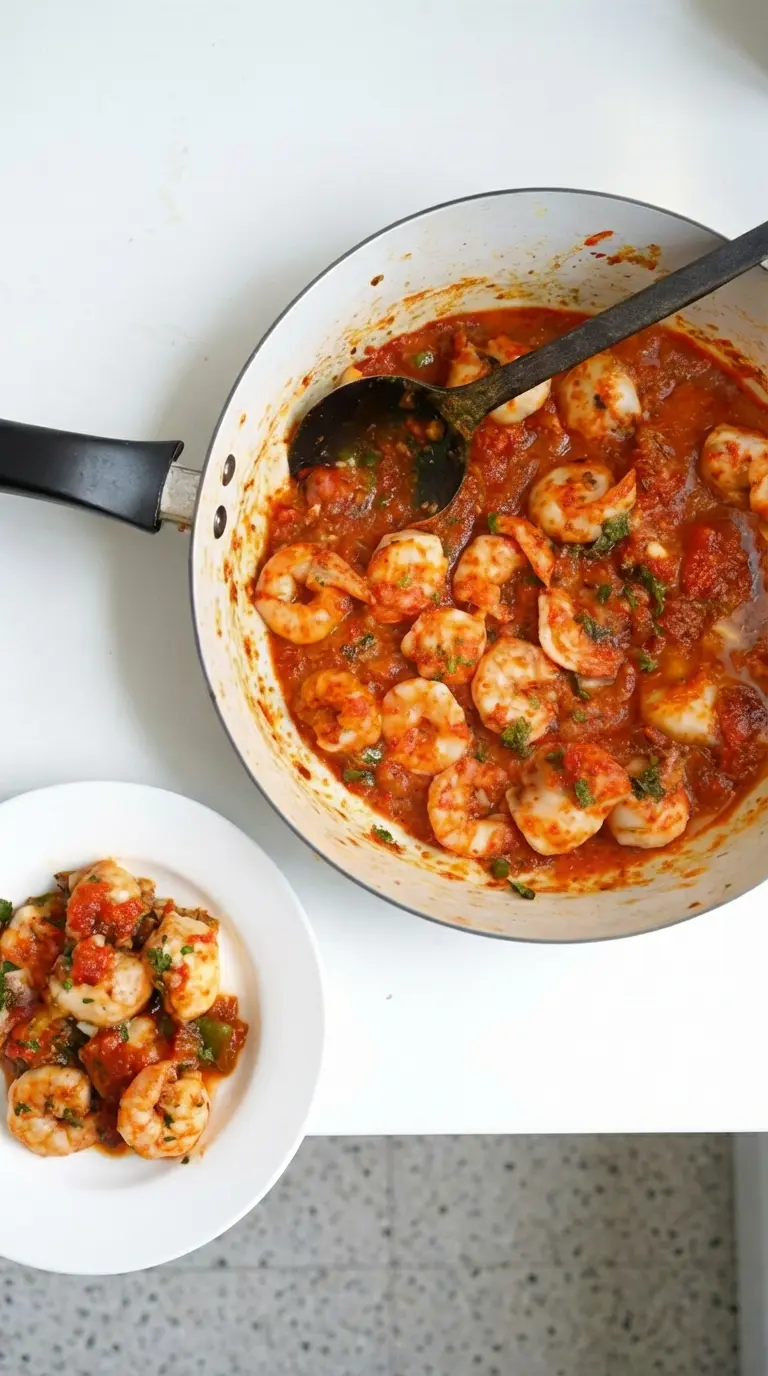 A detailed close-up (3:4 ratio) of a minimalist white plate filled with Garlic Shrimp in Tomato Sauce, showcasing the plump, pink shrimp, the rich reddish-orange tomato sauce, and vibrant fresh green herb garnish. The texture of the sauce is chunky yet cohesive. The plate sits on a light marble countertop, bathed in natural morning light, with soft shadows and warm tones. A piece of crusty bread is artfully placed next to the plate, with fresh herbs visible in the background.