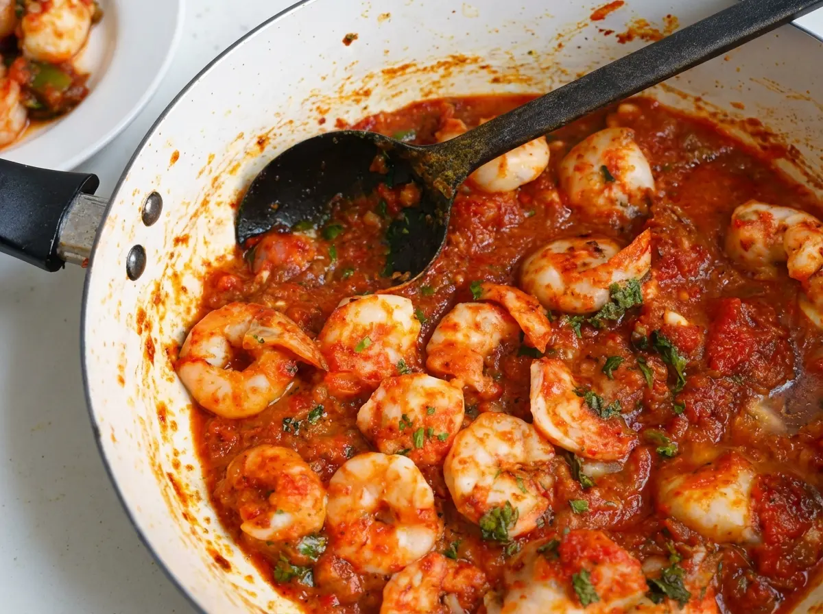 A vibrant overhead shot (4:3 ratio) of Garlic Shrimp in Tomato Sauce simmering in a white non-stick skillet with a black handle, a black serving spoon partially submerged. A small minimalist white plate with a portion of the dish is visible on a light marble countertop. The sauce is rich reddish-orange with visible tomato chunks and fresh green herbs like parsley. The shrimp are plump, pink, and curled. Natural morning light from an east window casts soft shadows, with subtle warm tones, a clean and tidy presentation. Fresh herbs and a corner of a wooden cutting board are visible in the soft background.
