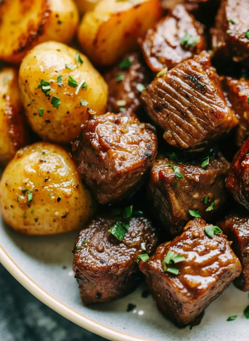 An overhead shot showcasing the raw ingredients laid out on a clean wooden cutting board: cubed sirloin steak, halved baby potatoes, whole garlic cloves, a stick of butter, and fresh parsley sprigs. The scene is bathed in natural morning light, with a marble countertop visible and soft shadows. (3:4 ratio)
