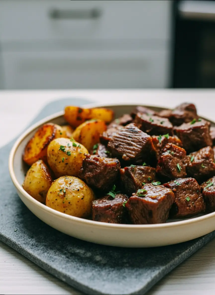 A medium shot focusing on the cooking process in a cast-iron skillet on a stovetop: tender steak bites are searing to a deep brown crust, with golden baby potatoes beginning to caramelize in the same pan. A small bowl of fresh minced garlic and a sprig of rosemary are visible in the soft-focused background on a marble counter. Natural morning light, warm tones. (3:4 ratio)