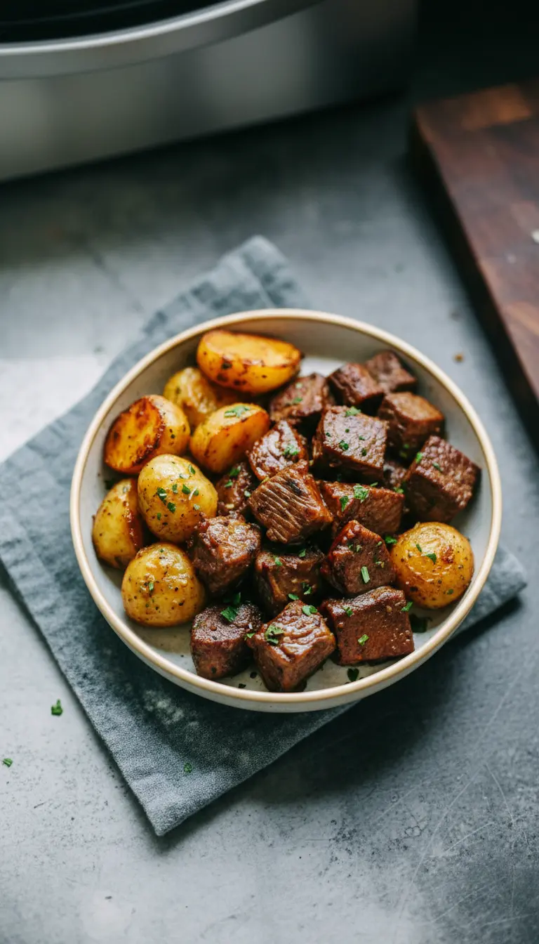 A serving shot of the finished garlic steak bites and potatoes piled high in a rustic ceramic bowl, showcasing the glistening garlic butter coating and the texture of the steak and crispy potatoes. A small amount of fresh chopped parsley is sprinkled over. The bowl sits on a wooden cutting board with a soft background blur of fresh herbs. Natural light, soft shadows, warm tones. (3:4 ratio)