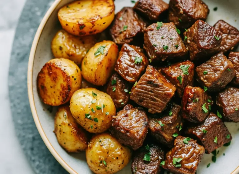 A close-up, elevated shot of perfectly seared garlic steak bites and golden-brown roasted baby potatoes in a minimalist white ceramic bowl, garnished with finely chopped fresh parsley. The dish is placed on a light marble countertop with a hint of a wooden accent in the background. Natural morning light from an east window casts soft, warm shadows. The overall presentation is clean, tidy, and visually appealing. (4:3 ratio)