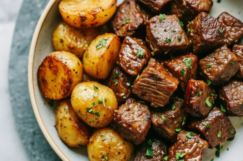 A close-up, elevated shot of perfectly seared garlic steak bites and golden-brown roasted baby potatoes in a minimalist white ceramic bowl, garnished with finely chopped fresh parsley. The dish is placed on a light marble countertop with a hint of a wooden accent in the background. Natural morning light from an east window casts soft, warm shadows. The overall presentation is clean, tidy, and visually appealing. (4:3 ratio)