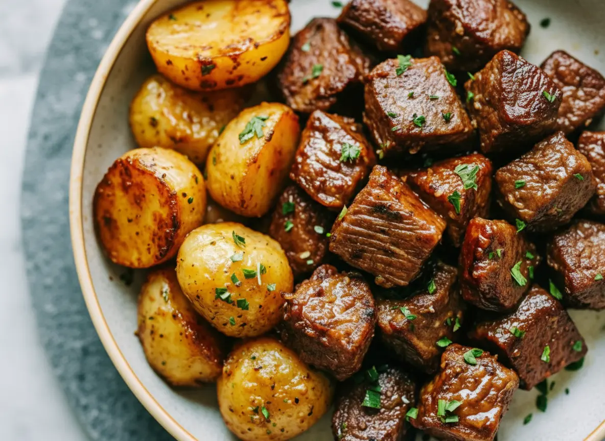 A close-up, elevated shot of perfectly seared garlic steak bites and golden-brown roasted baby potatoes in a minimalist white ceramic bowl, garnished with finely chopped fresh parsley. The dish is placed on a light marble countertop with a hint of a wooden accent in the background. Natural morning light from an east window casts soft, warm shadows. The overall presentation is clean, tidy, and visually appealing. (4:3 ratio)
