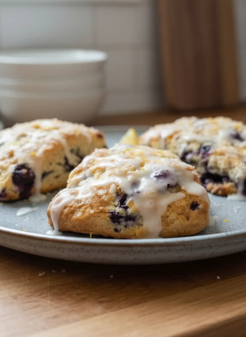 A clean composition showcasing the ingredients for Glazed Lemon Blueberry Scones: a bowl of all-purpose flour, a small white ceramic bowl of cold cubed butter, a pile of fresh blueberries, a lemon with its zest, and a small jug of buttermilk, all arranged on a wooden cutting board on a marble countertop, bathed in natural morning light. Fresh herbs are subtly visible in the soft background. No hands or people. (3:4 ratio)