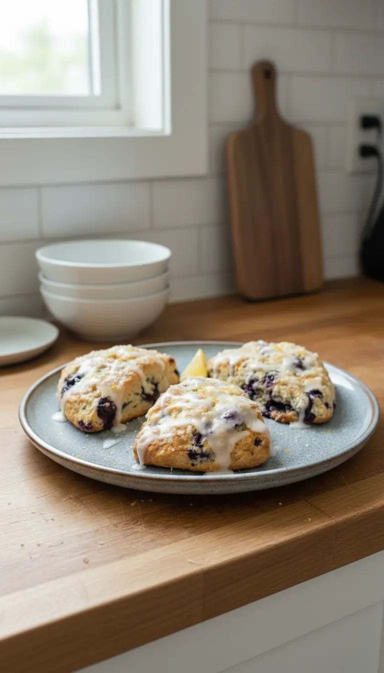 A stack of two Glazed Lemon Blueberry Scones on a minimalist white plate, with the white lemon glaze elegantly dripping down the sides, revealing the flaky golden interior and bursts of baked blueberries. A lemon wedge and a sprinkle of fresh lemon zest garnish the plate. Shot on a marble countertop with soft morning light, warm tones, and a clean background with subtle wood accents. No hands or people. (3:4 ratio)
