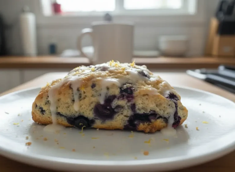 Overhead view, freshly baked golden-brown triangular Glazed Lemon Blueberry Scones with visible baked blueberries and bright yellow lemon zest, artfully drizzled with a thick white lemon glaze, some coarse sugar crystals sparkling on top. A few fresh lemon wedges are placed strategically around the scones. Shot on clean white parchment paper on a marble countertop, with natural morning light from an east window casting soft shadows, warm tones, and a clean and tidy presentation. No hands or people. (4:3 ratio)