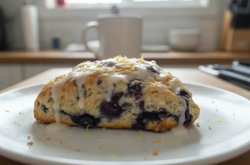 Overhead view, freshly baked golden-brown triangular Glazed Lemon Blueberry Scones with visible baked blueberries and bright yellow lemon zest, artfully drizzled with a thick white lemon glaze, some coarse sugar crystals sparkling on top. A few fresh lemon wedges are placed strategically around the scones. Shot on clean white parchment paper on a marble countertop, with natural morning light from an east window casting soft shadows, warm tones, and a clean and tidy presentation. No hands or people. (4:3 ratio)