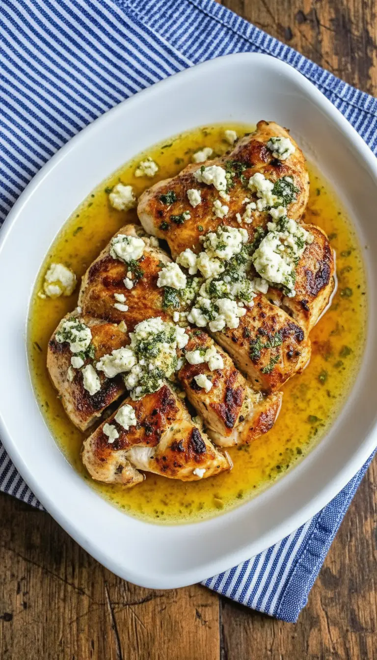 A macro shot of the final dish focusing on the texture. The image highlights the contrast between the crispy golden chicken skin, the soft white moist feta crumbles, and the vibrant green chopped herbs. Glistening droplets of olive oil are visible on the meat.
