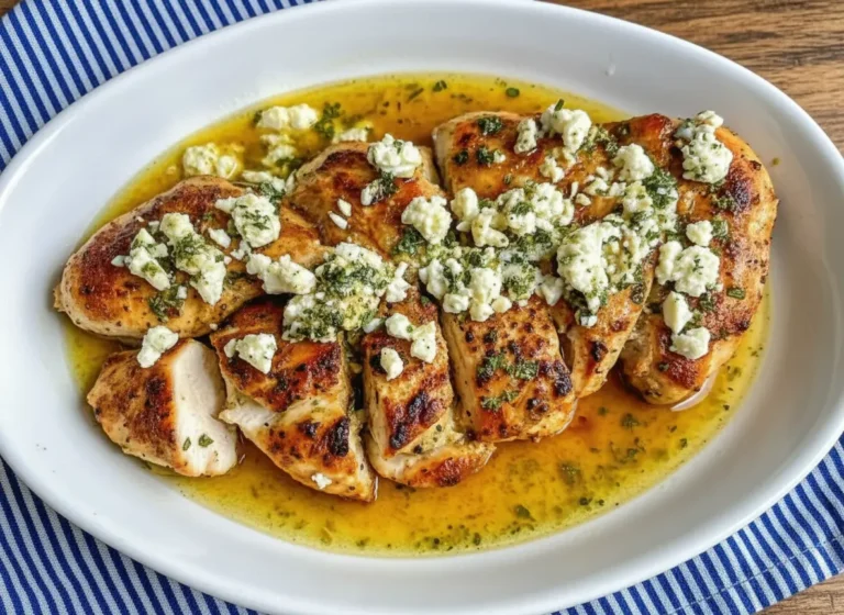 A high-angle, hero shot of a white oval ceramic platter sitting on a marble countertop with wood accents. The platter holds sliced, golden-brown seared chicken breasts sitting in a pool of glistening yellow lemon-olive oil sauce. The chicken is generously topped with chunky crumbled white feta cheese and chopped fresh green herbs (parsley and dill). Natural morning light from the east casts soft shadows. In the background, out of focus, is a wooden cutting board and a small pot of fresh herbs.