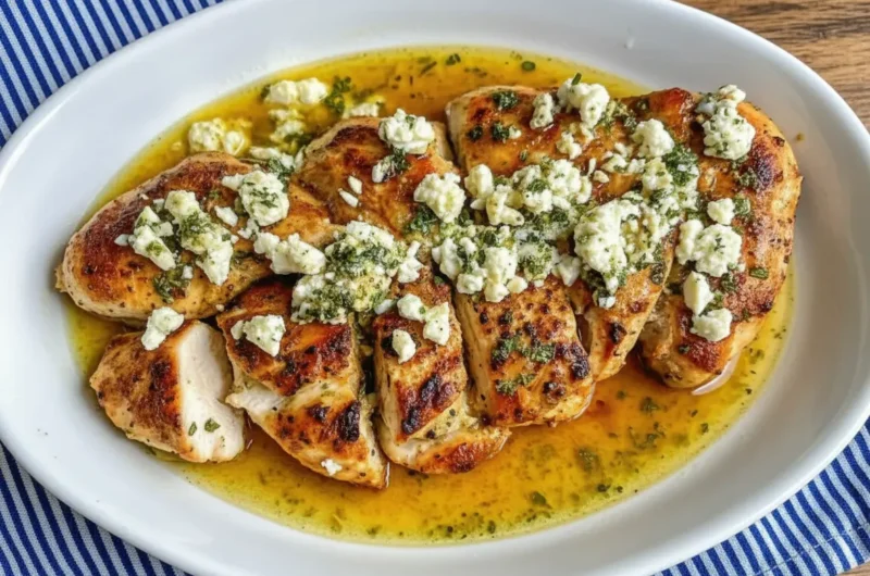 A high-angle, hero shot of a white oval ceramic platter sitting on a marble countertop with wood accents. The platter holds sliced, golden-brown seared chicken breasts sitting in a pool of glistening yellow lemon-olive oil sauce. The chicken is generously topped with chunky crumbled white feta cheese and chopped fresh green herbs (parsley and dill). Natural morning light from the east casts soft shadows. In the background, out of focus, is a wooden cutting board and a small pot of fresh herbs.