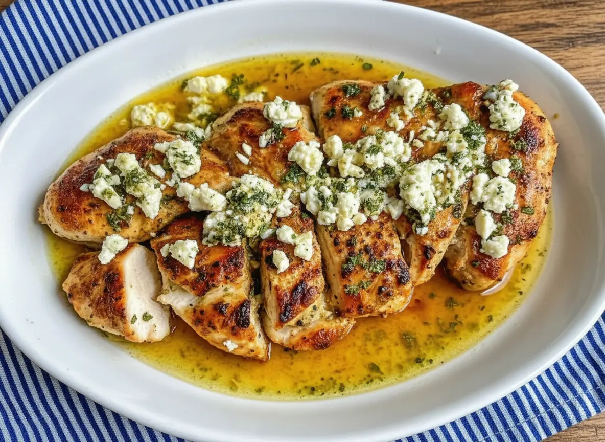 A high-angle, hero shot of a white oval ceramic platter sitting on a marble countertop with wood accents. The platter holds sliced, golden-brown seared chicken breasts sitting in a pool of glistening yellow lemon-olive oil sauce. The chicken is generously topped with chunky crumbled white feta cheese and chopped fresh green herbs (parsley and dill). Natural morning light from the east casts soft shadows. In the background, out of focus, is a wooden cutting board and a small pot of fresh herbs.