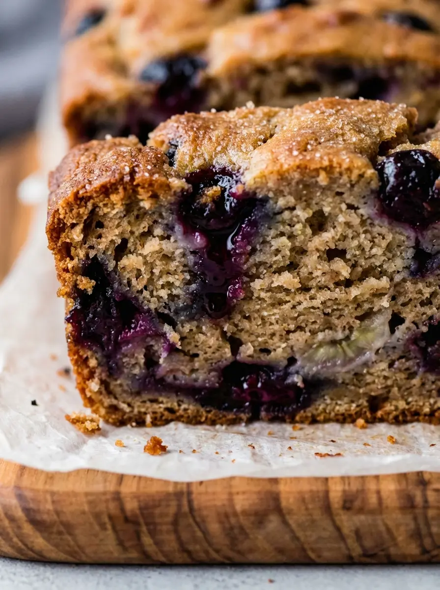 A rustic, top-down shot of various ingredients for Greek Yogurt Apple Blueberry Bread laid out on a marble countertop. Bowls of flour, Greek yogurt, sugar, and butter are neatly arranged. Fresh, vibrant blueberries and diced apples are in ceramic bowls. Soft morning light highlights the textures. The same wooden cutting board is visible, and fresh green herbs are in a small vase in the soft-focus background. No hands or people. (3:4 ratio)
