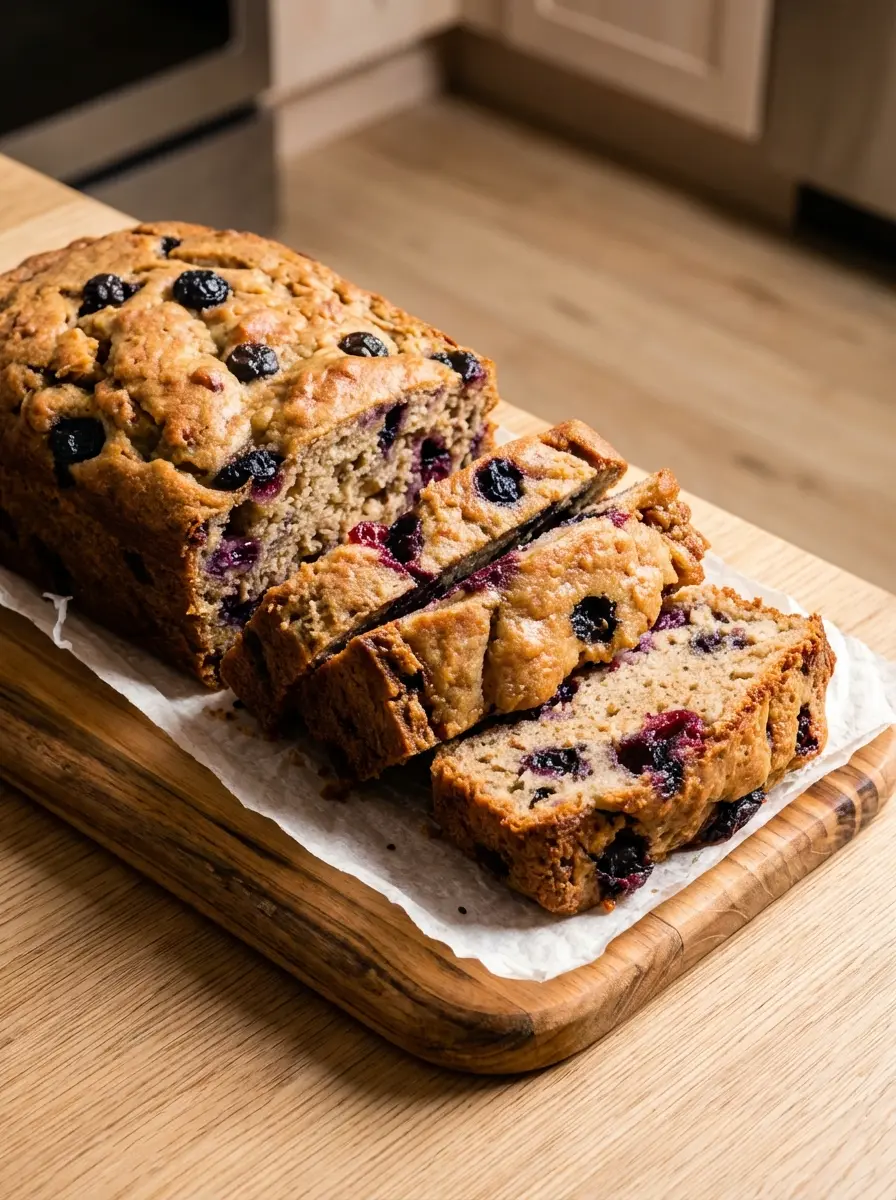 A close-up of the Greek Yogurt Apple Blueberry Bread batter in a minimalist white ceramic bowl, showcasing the final mix of wet and dry ingredients with a generous amount of floured diced apples and blueberries gently folded in. A wooden spoon is resting in the bowl. The scene is on a marble countertop under natural morning light, with soft shadows and warm tones. No hands or people. (3:4 ratio)