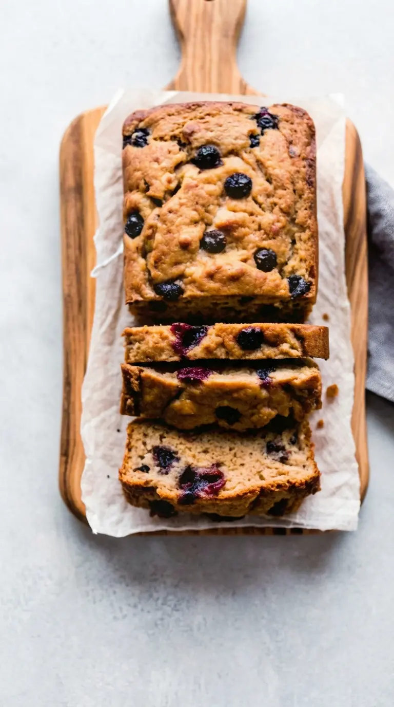 A single, perfectly cut slice of Greek Yogurt Apple Blueberry Bread, placed on a minimalist white plate, showcasing its incredibly moist, light brown crumb, visible bursting blueberries with purple hues, and tender apple pieces. The slice is subtly glistening with moisture. The plate is on a marble countertop next to the same wooden cutting board, under natural morning light. Fresh herbs are in the soft background. No hands or people. (3:4 ratio)