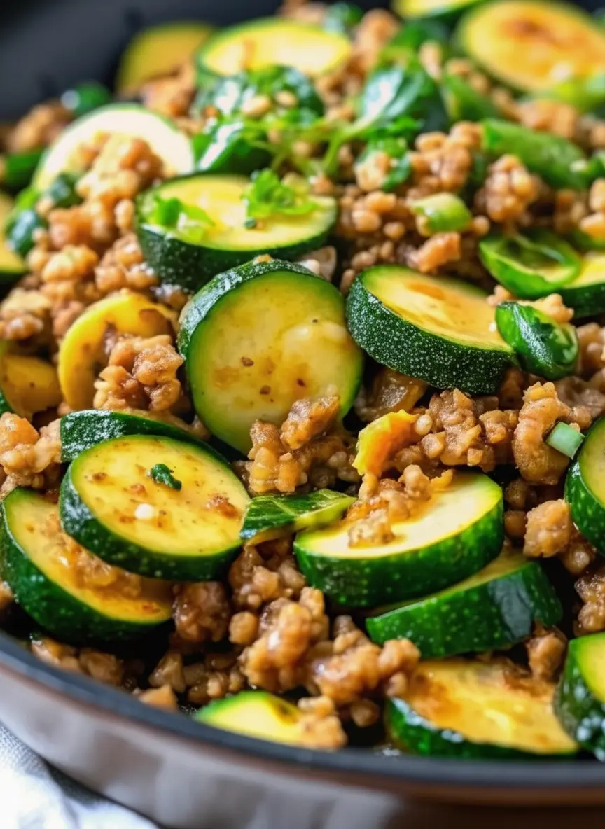 Close-up of fresh, whole zucchinis next to a bowl of ground turkey, minced garlic, ginger, and bottles of soy sauce and sesame oil on a wooden cutting board set on a marble countertop, illuminated by soft morning light. Fresh green onions are visible in the background, creating a clean, organized prep scene. (3:4 ratio)