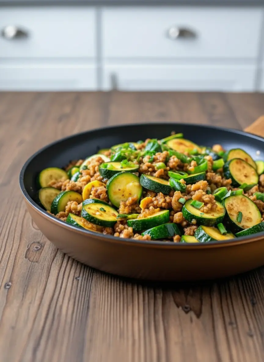 A dark skillet on a stovetop, capturing the moment of ground turkey browning, alongside golden-edged zucchini slices, stirred gently to combine. Steam subtly rises, showing the active cooking process, with soft shadows and warm tones. The background hints at a clean kitchen with wood accents. (3:4 ratio)