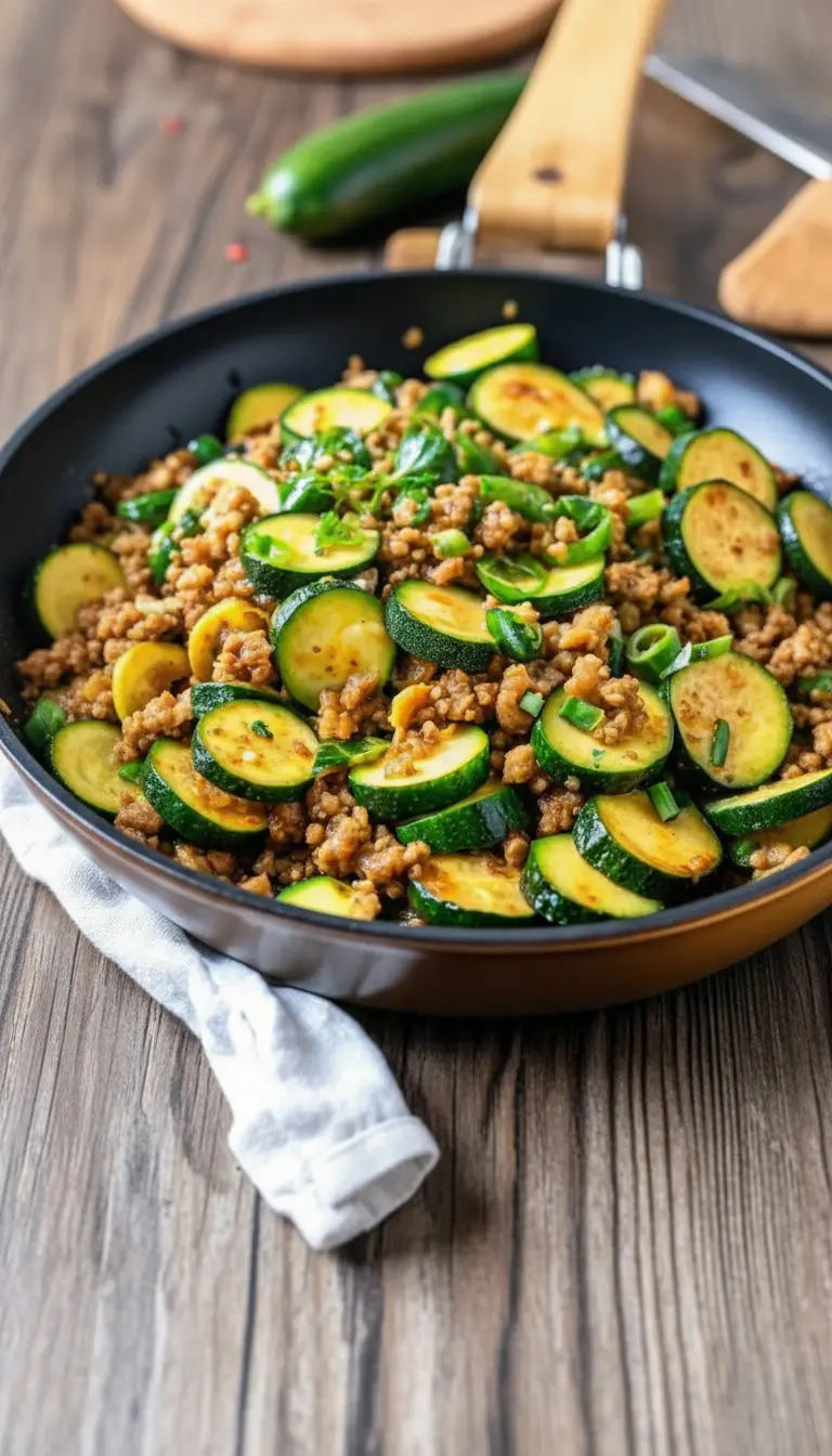A scoop of Ground Turkey and Zucchini Skillet presented on a minimalist white plate, showcasing the distinct textures of crumbled turkey, tender zucchini slices, and vibrant green onions. The dish is perfectly sauced, glistening under natural morning light on a marble countertop, with fresh herbs softly blurred in the background. (3:4 ratio)