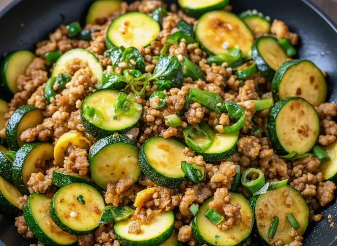 A vibrant Ground Turkey and Zucchini Skillet, brimming with perfectly browned ground turkey and tender, bright green zucchini slices, garnished with fresh green onions and sesame seeds, captured in a dark skillet on a wooden surface with a white linen, bathed in natural morning light from an east window. The background features marble countertops and subtle fresh herbs, evoking a clean, tidy, and warm kitchen atmosphere. (4:3 ratio)