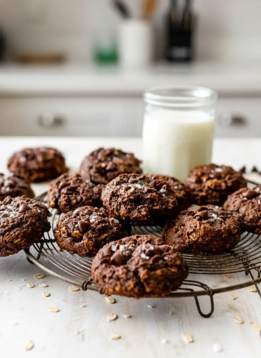 Process shot: scooped portions of dark chocolate oatmeal cookie dough, visibly chunky with oats and chocolate chips, arranged on a baking sheet lined with parchment paper, ready for the oven. The baking sheet is on a marble countertop, with a hint of fresh herbs in the background. Natural morning light, soft shadows, warm tones, clean and tidy presentation. No hands or people. (3:4 ratio)