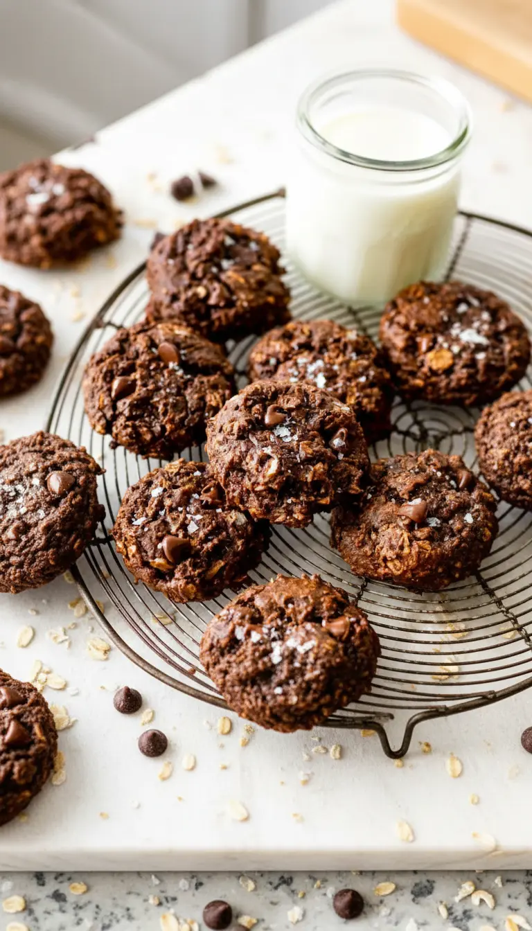 Serving/Texture focus: a close-up of a few freshly baked dark chocolate oatmeal cookies, showcasing their chewy texture, visible oats, and melting dark chocolate chips, topped with sparkling flaky sea salt. The cookies are stacked on a small, minimalist white plate next to a glass of milk, on a marble countertop with wood accents. Natural morning light, soft shadows, warm tones, clean and tidy presentation. No hands or people. (3:4 ratio)