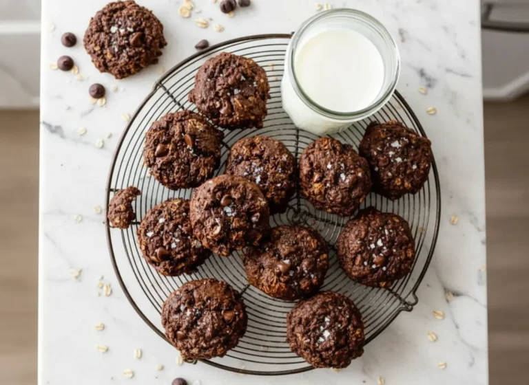 Hero shot, dark chocolate oatmeal cookies, rich brown color, with visible chocolate chips and flaky sea salt on top, arranged on a metal wire cooling rack, with a blurred glass of milk in the background. The scene is set on a marble countertop with wood accents, bathed in natural morning light from an east window, featuring soft shadows, warm tones, and a clean, tidy presentation. No hands or people. (4:3 ratio)