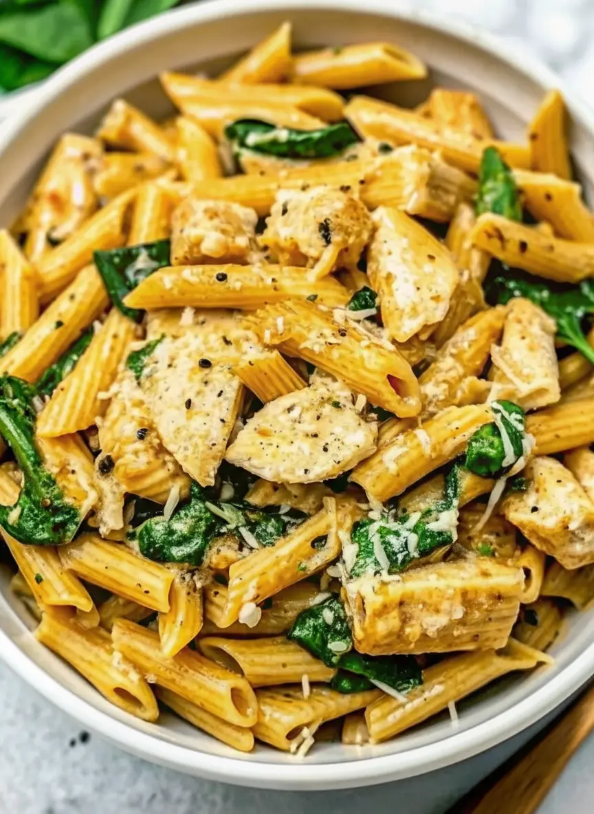 A process shot showing creamy garlic Parmesan chicken pasta being gently tossed in a large, pristine ceramic pot or deep skillet, showcasing the moment the al dente penne, golden chicken pieces, and fresh spinach combine with the velvety garlic Parmesan sauce, with steam gently rising. The scene is set on a marble countertop under warm natural light. (3:4 ratio)