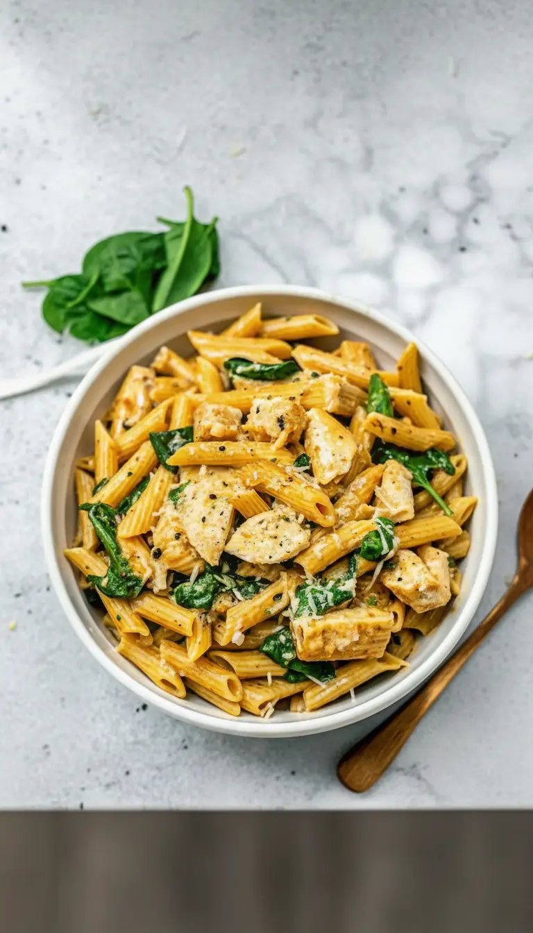 A close-up, inviting shot of the finished garlic Parmesan chicken pasta in a minimalist white ceramic bowl, highlighting the texture of the creamy sauce coating the penne, the tender chunks of chicken, and the vibrant green spinach, with visible sprinkles of black pepper and grated Parmesan. Soft shadows and warm tones enhance the cozy feel on a marble countertop. (3:4 ratio)