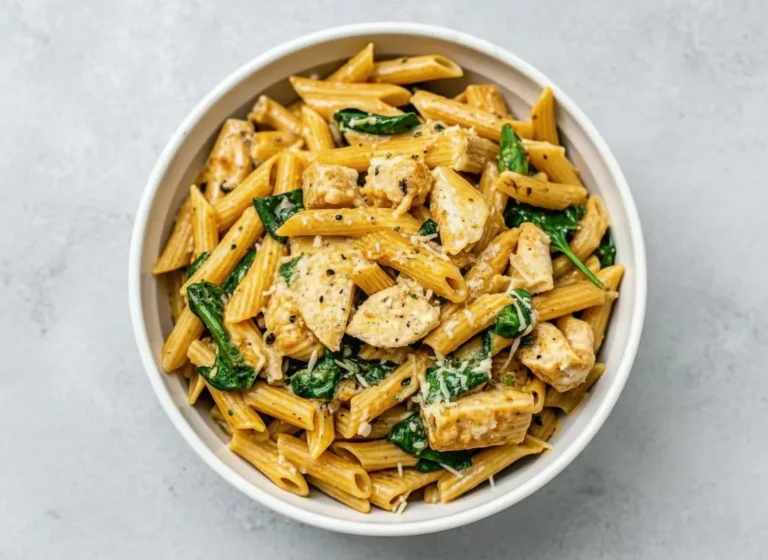 A generous white ceramic bowl of creamy garlic Parmesan chicken pasta with penne, perfectly cooked diced chicken, and bright green wilted spinach, lightly sprinkled with black pepper and grated Parmesan cheese. The bowl is centered on a light marble countertop with warm natural morning light from an east window, soft shadows, and a wooden accent in the background. Fresh herbs are subtly visible. (4:3 ratio)