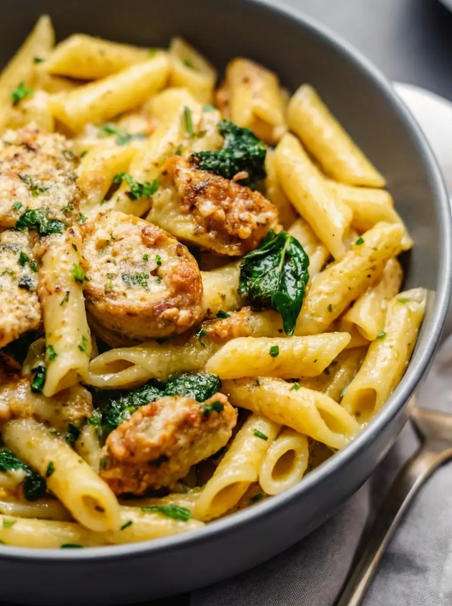A minimalist, overhead shot on a light marble countertop of ingredients for Healthy Garlic Parmesan Chicken Pasta. Arranged neatly are uncooked penne pasta, fresh spinach in a small ceramic bowl, raw chicken breast or chicken sausage pieces on a wooden cutting board, a head of garlic, and a block of Parmesan cheese. Natural morning light casts soft shadows. Fresh herbs are visible in the background. No hands are present. (3:4 ratio)