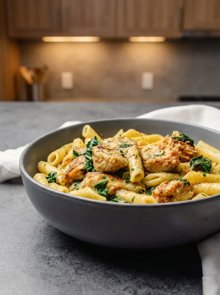 A close-up of a large stainless steel skillet on a dark grey stovetop or marble countertop, showing cooked penne pasta, browned chicken sausage chunks, and wilting fresh spinach being gently tossed in a creamy garlic parmesan sauce. The sauce clings to the pasta. Natural morning light illuminates the steam rising gently. A corner of a wooden cutting board is visible. No hands or people. (3:4 ratio)