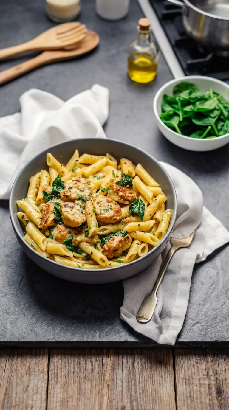A close-up, slightly elevated shot of Healthy Garlic Parmesan Chicken Pasta in a grey ceramic bowl, emphasizing the creamy texture of the sauce, the al dente penne, the browned exterior of the chicken sausage, and the bright green of the wilted spinach. Freshly chopped parsley is sprinkled on top. The bowl is on a dark grey marble countertop with a soft white linen napkin visible. Warm tones and soft shadows under natural morning light. No hands or people. (3:4 ratio)
