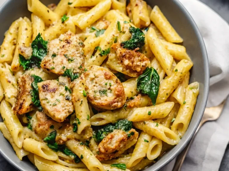 A visually appealing bowl of Healthy Garlic Parmesan Chicken Pasta in a deep grey ceramic bowl, artfully arranged on a dark grey marble countertop. The penne pasta is coated in a creamy, light garlic parmesan sauce, with visible chunks of browned chicken sausage and vibrant wilted spinach. Fresh parsley is sprinkled generously over the top. The scene is bathed in natural morning light from an east window, creating soft shadows. A clean white linen napkin and gold/brass forks are styled nearby. A small white ceramic bowl with fresh spinach is subtly blurred in the background, with a hint of a wooden accent. (4:3 ratio)