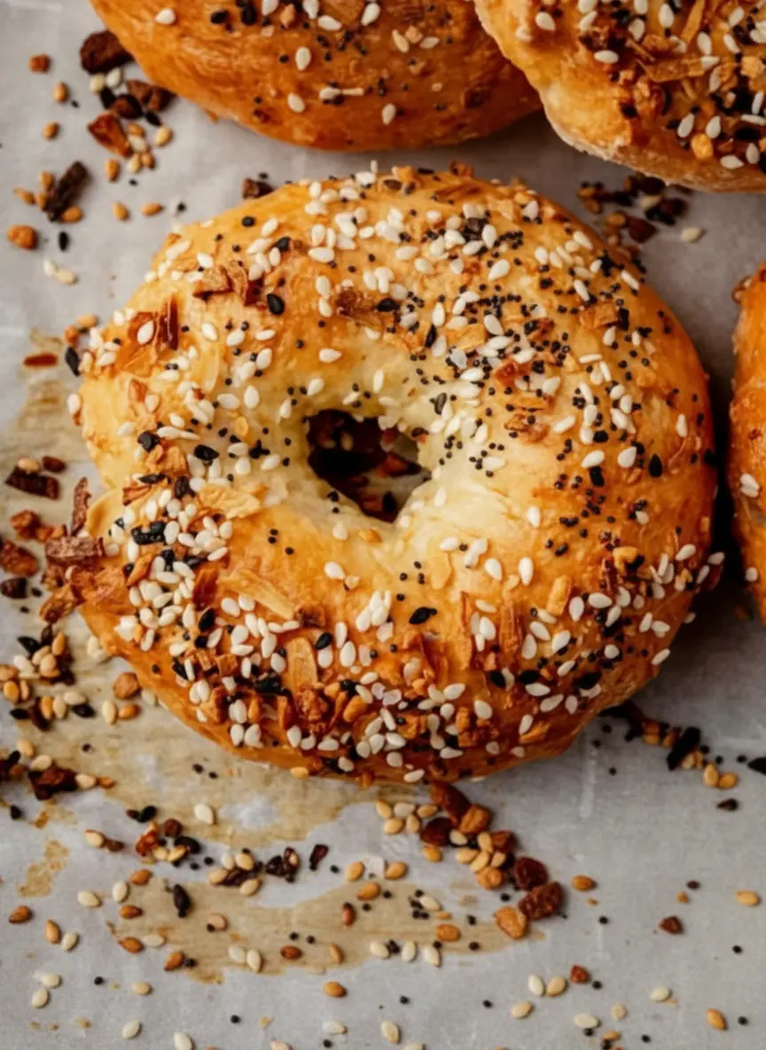 Close-up of ingredients for High-Protein Cottage Cheese Bagels laid out: a ceramic bowl of creamy cottage cheese, a pile of self-rising flour, a single egg in a ceramic bowl, and a small jar of everything bagel seasoning on a wooden cutting board. Natural morning light from an east window, marble countertop, soft shadows, warm tones, clean and tidy presentation. (3:4 ratio)