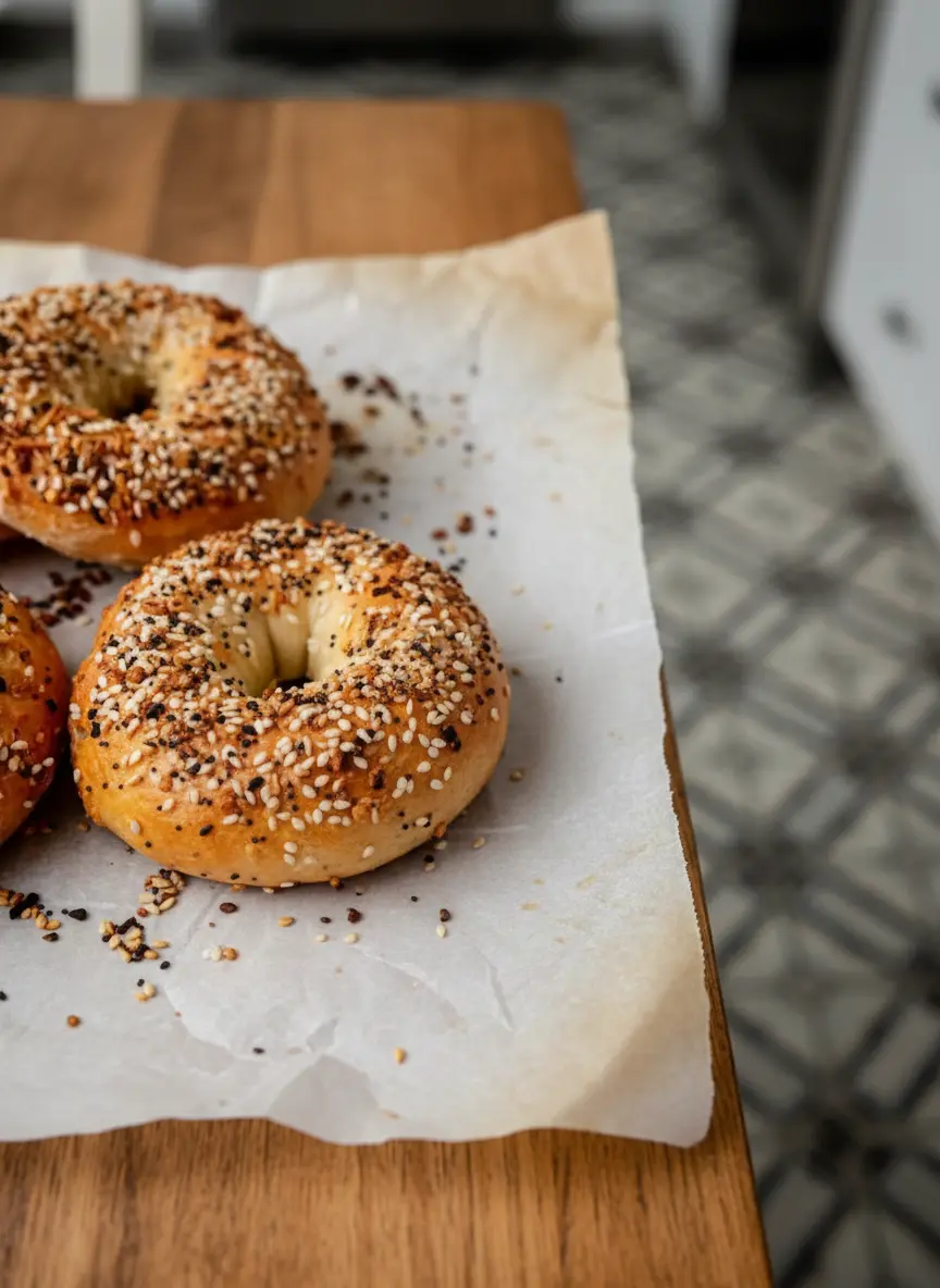 A partially formed High-Protein Cottage Cheese Bagel dough ring being shaped on a wooden cutting board, next to a ceramic bowl of the mixed dough. Light scattering of flour around. Natural morning light from an east window, marble countertop background, soft shadows, warm tones, clean and tidy presentation. (3:4 ratio)