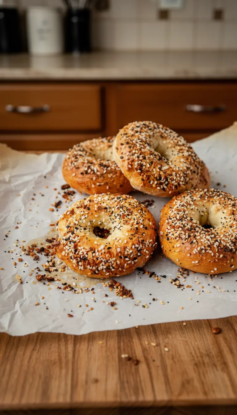 A freshly baked High-Protein Cottage Cheese Bagel, sliced open to reveal its slightly dense, chewy interior, with a generous coating of everything bagel seasoning on top. It rests on a minimalist white plate on a marble countertop. A sprig of fresh herbs in the soft-focused background, soft natural light, warm tones, clean and tidy presentation. (3:4 ratio)