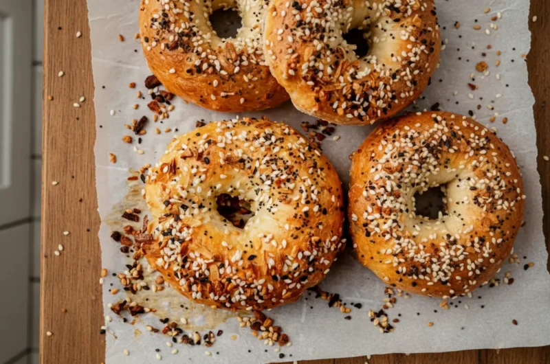 A hero shot of golden-brown Everything Bagel seasoned High-Protein Cottage Cheese Bagels, arranged on parchment paper on a marble countertop with soft natural morning light from an east window. The bagels are rustic with a thick, textured topping of white and black sesame seeds, poppy seeds, dried onion, and dried garlic. Wood accents and fresh herbs are subtly visible in the soft-focused background, warm tones, clean and tidy presentation. (4:3 ratio)