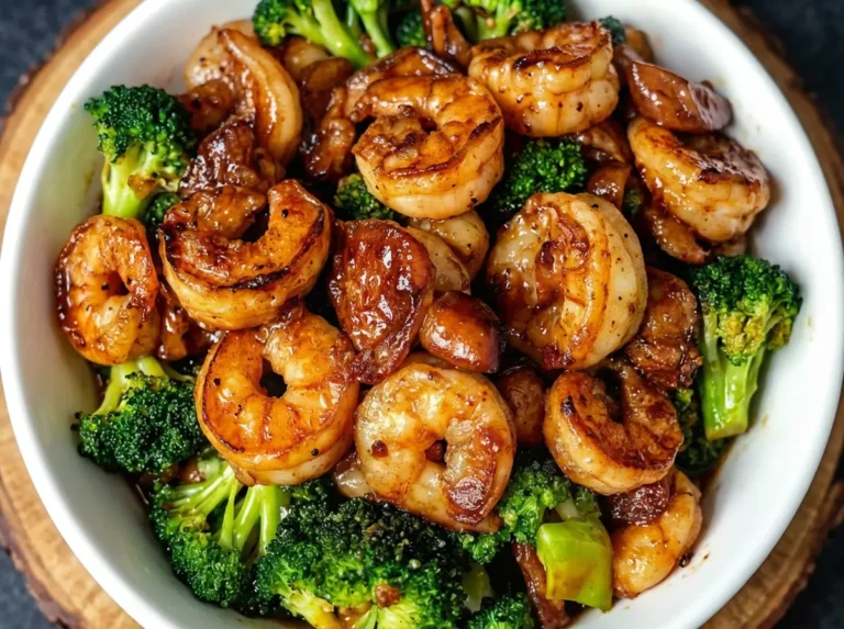 Hero shot 4:3. A minimalist white ceramic bowl filled with High-Protein Honey Garlic Shrimp and vibrant green broccoli florets. The food is coated in a glossy, rich amber-brown sauce that catches the light. The bowl sits on a white marble countertop with warm wood accents. Soft natural morning light streams from the left, creating gentle shadows. Fresh green herbs are blurred in the background. No hands or people. Clean, high-end food photography style.