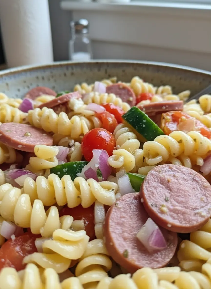 A vertical shot of the raw ingredients arranged neatly on a marble countertop with wood accents. A pile of dry rotini, a whole cucumber, a mesh bag of red onions, a block of feta, and the turkey sausage log. Natural lighting casts soft shadows, highlighting the freshness of the produce.