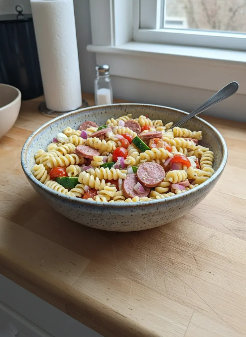 A vertical action shot focusing on the process. A stainless steel whisk emulsifying the vinaigrette in a small glass jar. Beside it, the large blue speckled bowl contains the chopped vegetables and cooked pasta waiting to be dressed. The background is the sunlit kitchen window with fresh basil plants visible.