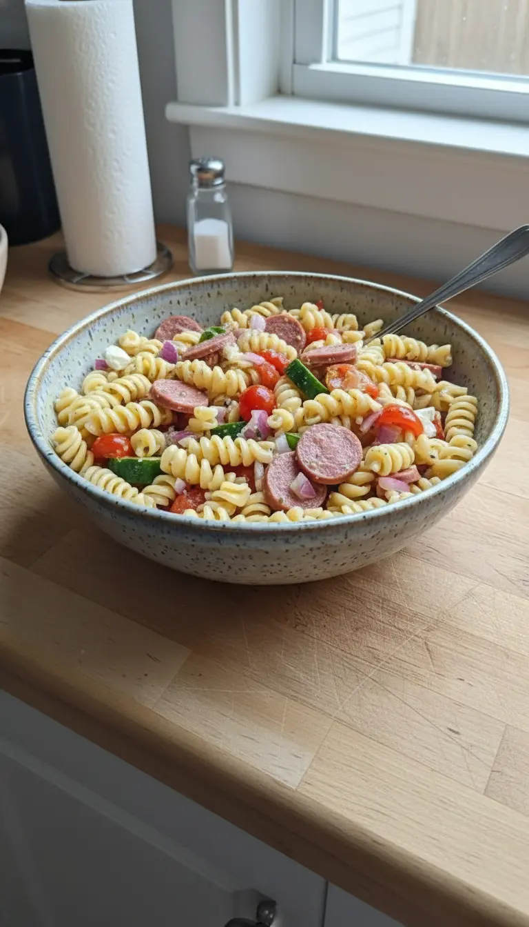 A close-up vertical macro shot of the finished pasta salad in the blue speckled bowl. Focus on the texture of a single rotini spiral coated in dressing, next to a slice of sausage and a crumble of white feta cheese. The image captures the glistening oil and the fresh green of the basil garnish.