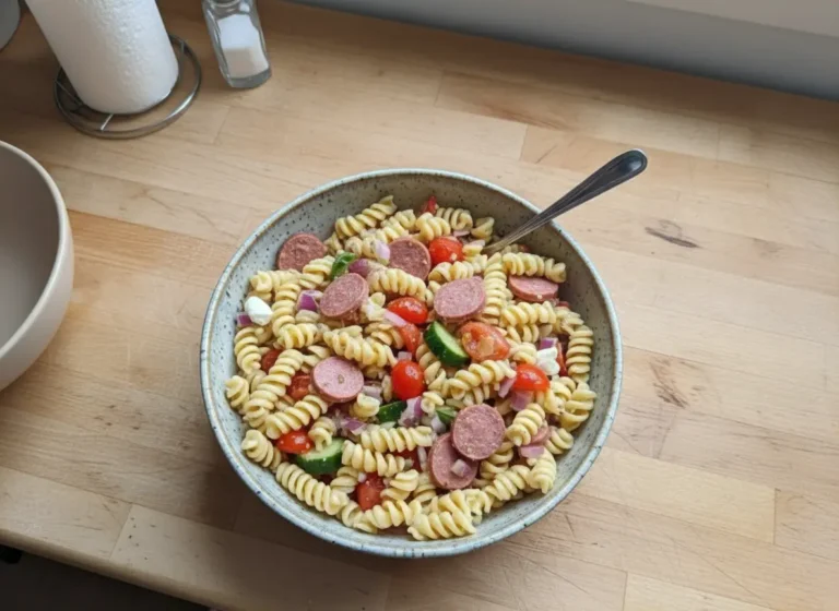 A high-angle hero shot of a large blue speckled ceramic bowl filled with high protein Italian pasta salad. The salad features rotini pasta, round slices of turkey sausage, halved red cherry tomatoes, sliced cucumbers, and crumbled feta. The bowl sits on a wooden cutting board. The background is a bright kitchen with a window letting in soft morning light from the east, marble countertops, and a blurred background of hanging pans and fresh potted herbs. Warm, inviting, and clean aesthetic.