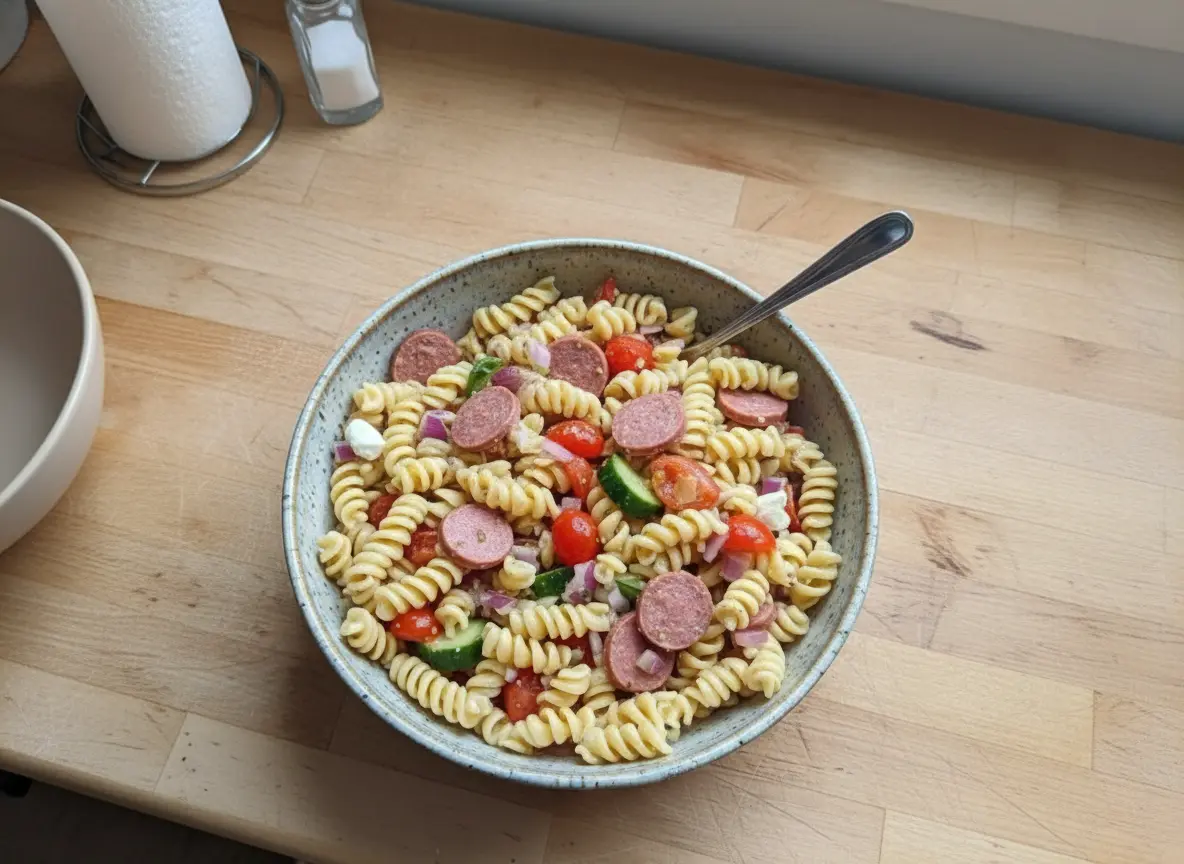 A high-angle hero shot of a large blue speckled ceramic bowl filled with high protein Italian pasta salad. The salad features rotini pasta, round slices of turkey sausage, halved red cherry tomatoes, sliced cucumbers, and crumbled feta. The bowl sits on a wooden cutting board. The background is a bright kitchen with a window letting in soft morning light from the east, marble countertops, and a blurred background of hanging pans and fresh potted herbs. Warm, inviting, and clean aesthetic.