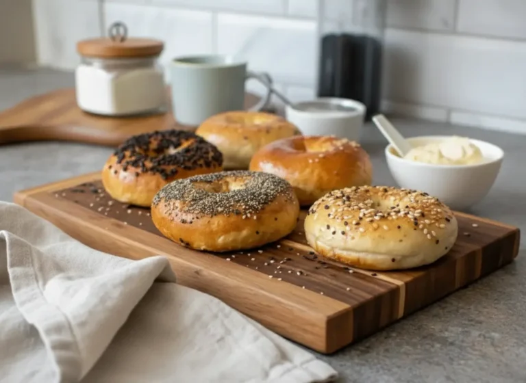 Golden brown Homemade bagels recipe with various toppings (everything, poppy seed, plain, black sesame) arranged on a rustic wooden cutting board. The bagels have a glossy, slightly blistered crust and a classic round shape. In the background, out of focus, a light grey marble countertop, a small white ceramic creamer, a light blue ceramic mug, and a glass jar with a wooden lid are visible. Natural morning light streams from an east window, casting soft shadows. Clean and tidy presentation, warm tones. (4:3 ratio)