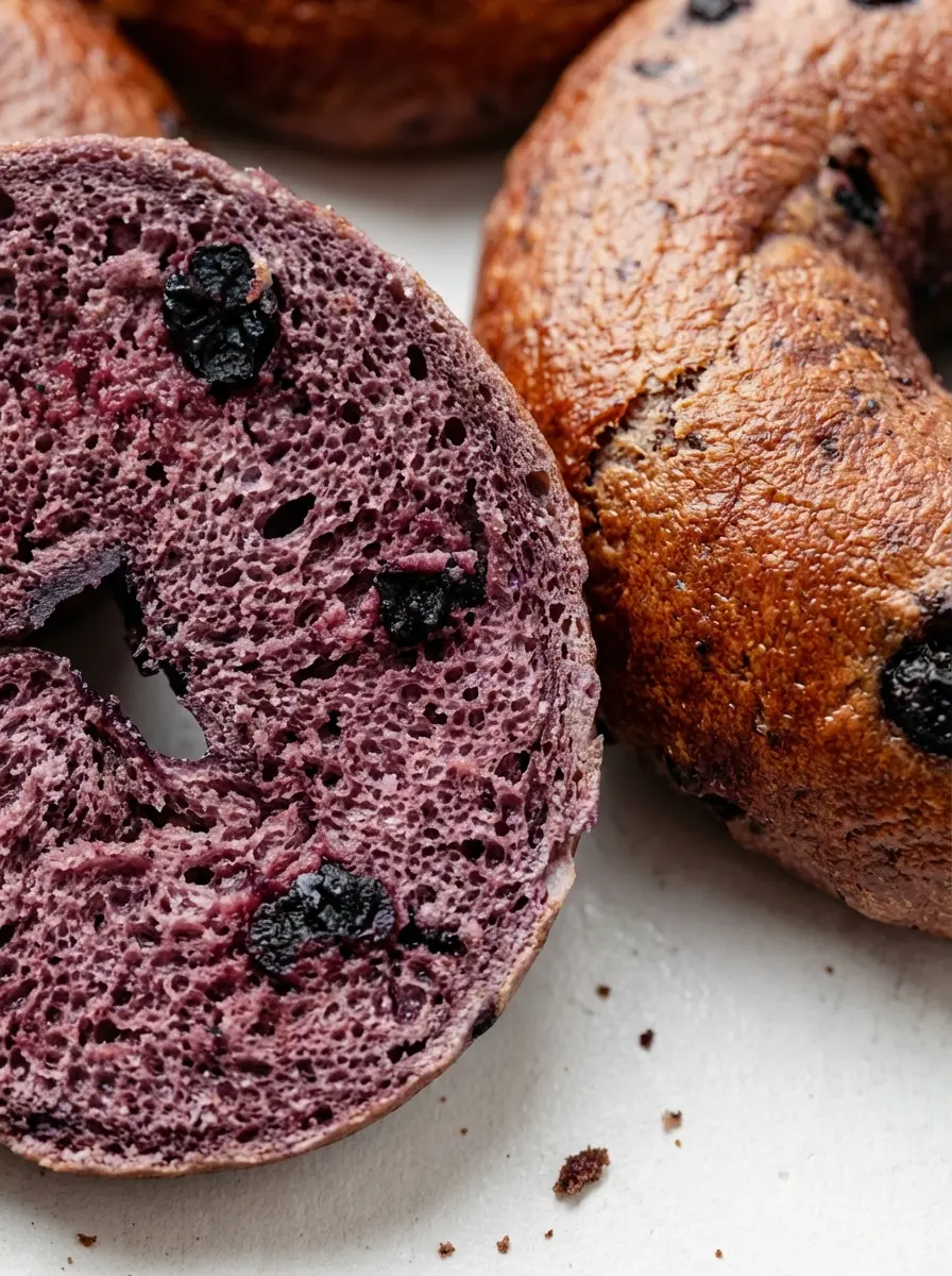 A close-up of a wooden cutting board on a marble countertop with a mound of bread flour, a small bowl of fresh blueberries, yeast, sugar, and salt ready for mixing. Natural morning light illuminates the scene, creating soft shadows. Fresh herbs are subtly visible in the soft background.