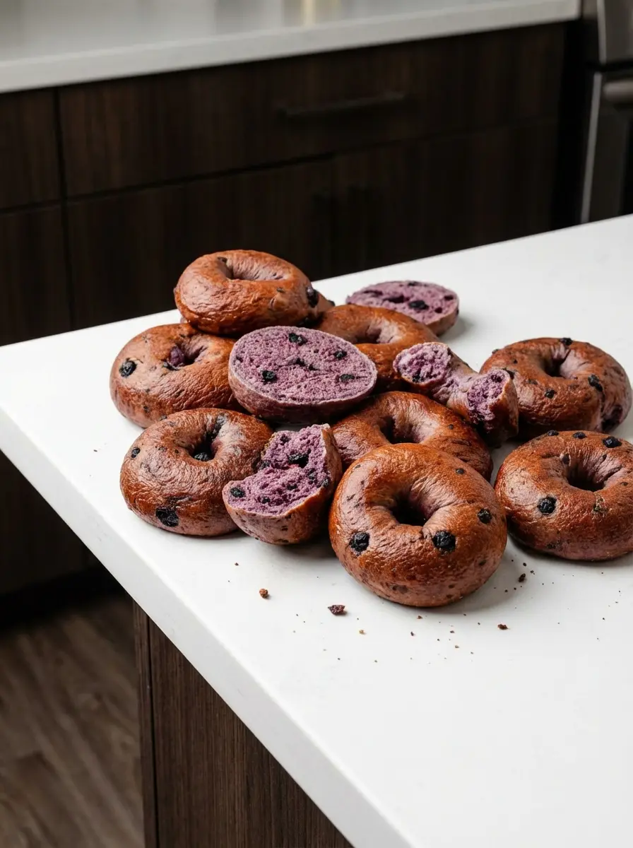 A series of shaped, raw homemade blueberry bagels resting on a parchment-lined wooden cutting board before their final proof. The dough is visibly studded with dark blueberries. The scene is set on a marble countertop with soft morning light, creating a clean, tidy look.