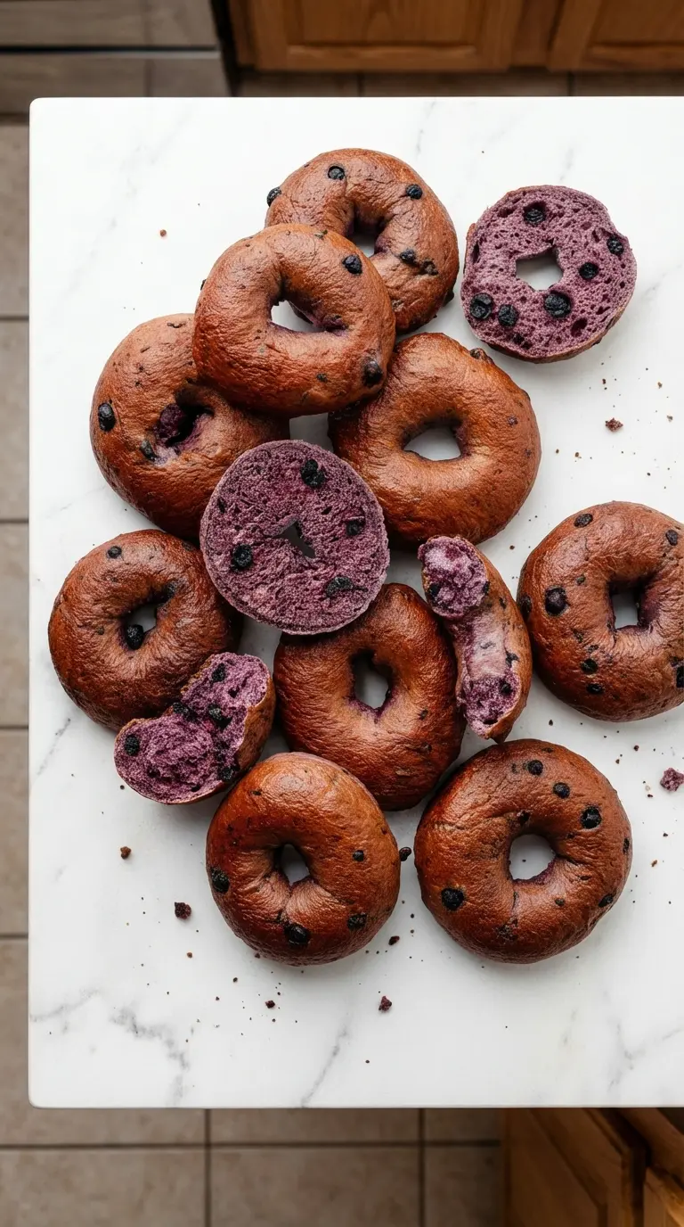 A stack of warm, golden-brown homemade blueberry bagels on a minimalist white ceramic plate set on a marble countertop, with one bagel sliced open to reveal its distinct vibrant purple, chewy interior filled with blueberries. Soft morning light creates a warm glow. A subtle wood accent is visible.