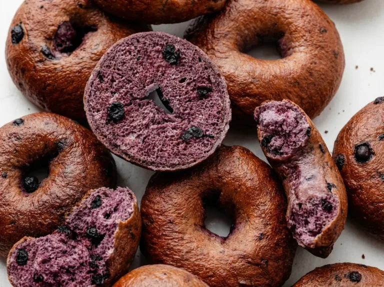 A top-down shot of several golden-brown homemade blueberry bagels, some whole and some neatly sliced in half, scattered artistically on a light marble countertop. The sliced bagels reveal their vibrant deep purple interior with visible dark blueberries. Natural morning light casts soft shadows. The overall presentation is clean and inviting with warm tones.