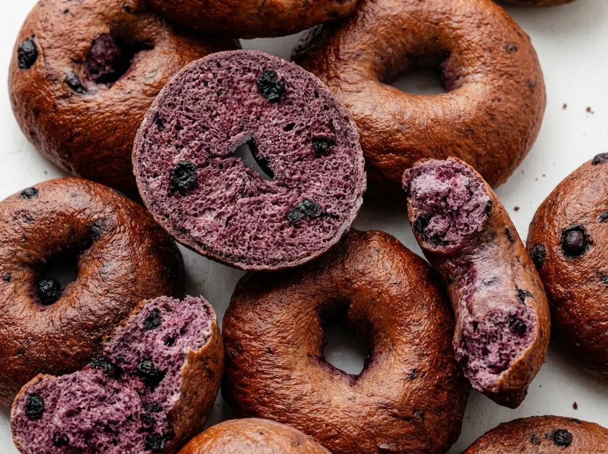 A top-down shot of several golden-brown homemade blueberry bagels, some whole and some neatly sliced in half, scattered artistically on a light marble countertop. The sliced bagels reveal their vibrant deep purple interior with visible dark blueberries. Natural morning light casts soft shadows. The overall presentation is clean and inviting with warm tones.